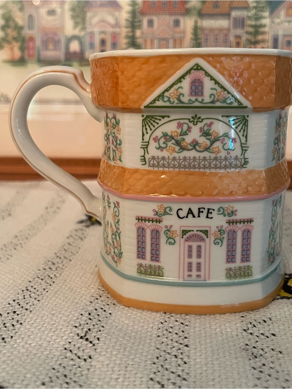 LENOX Village Cafe Decorative Porcelain Mug in Orange, Vintage 1990s